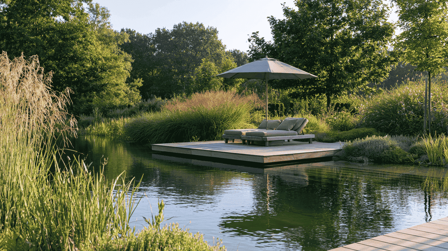 Zwemvijver in de tuin met houten vlonder en zithoek